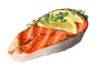 Tasty grilled salmon steak with lemon and thyme isolated on white