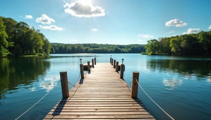 Obraz premium Serene lake landscape with wooden pier. Tranquil water reflects nature. Peaceful summer getaway. Ideal for relaxation, quiet enjoyment. Ample space for personalized messages. Scenic view of horizon.