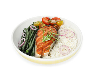 Tasty grilled salmon steak with rice and vegetables isolated on white