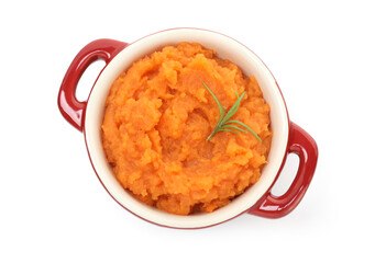 Tasty mashed sweet potato with rosemary in pot isolated on white, top view