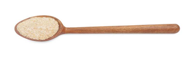 Spoon with oat bran isolated on white, top view