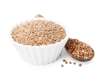 Buckwheat bran in bowl and grains isolated on white