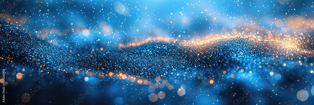 Poster vibrant blue and gold abstract background featuring shimmering particles and soft bokeh effects crea