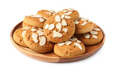 Tasty cookies with almond flakes isolated on white