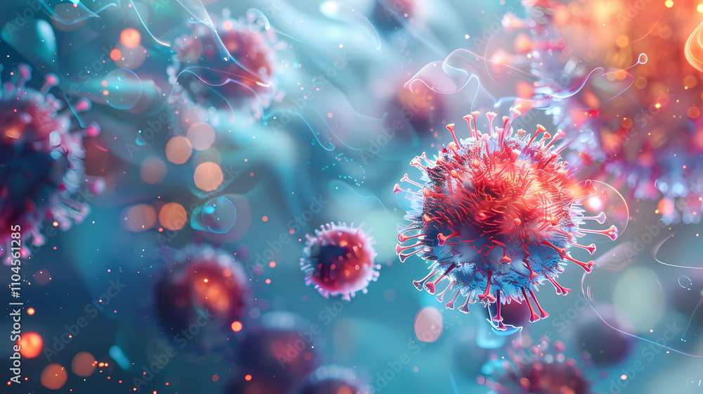 Poster microscopic world: an abstract rendering of vibrant, bioluminescent viruses in a dynamic, microscopi