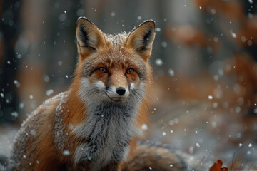 Fototapeta premium Red fox in the forest during a snowfall. Wild animal in nature.,. 