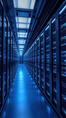 Fototapeta premium A network server room with rows of powerful servers connected for data processing, connected, technology, network, technology infrastructure