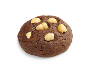 One tasty chocolate cookie with hazelnuts isolated on white