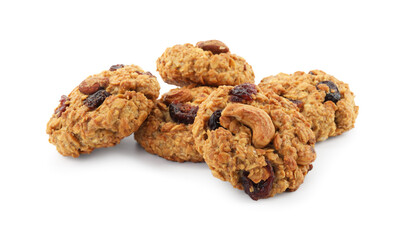 Delicious oatmeal cookies with dried cranberries and nuts isolated on white