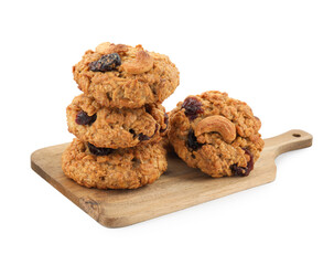 Delicious oatmeal cookies with dried cranberries and nuts isolated on white