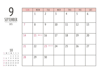2025年_9月 シンプル書き込みカレンダー