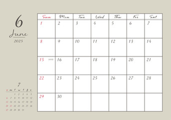 2025年_6月 おしゃれ書き込みカレンダー	