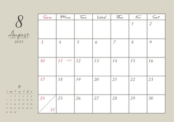 2025年_8月 おしゃれ書き込みカレンダー	