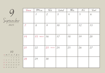 2025年_9月 おしゃれ書き込みカレンダー	