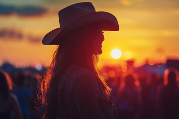 Female musician in cowboy hat silhouetted against sunset festival crowd.