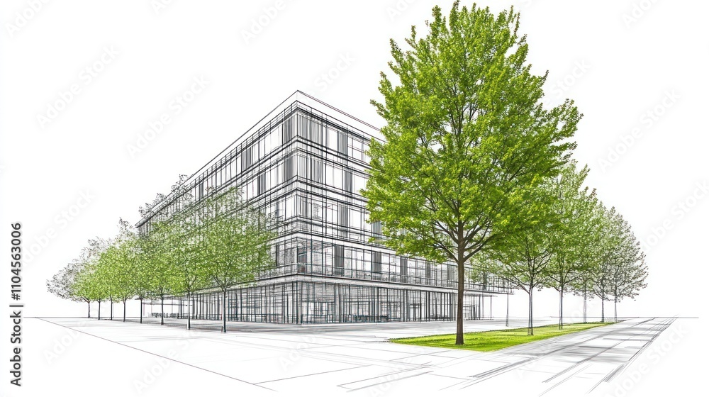 Poster a modern architectural rendering of a building surrounded by trees and green space.