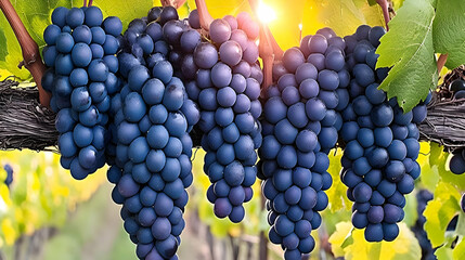 Ripe Red Grapes Hanging on Vine, Sunlit Photo