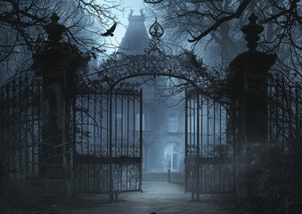 Gothic gate in a foggy graveyard. Halloween concept.,.     