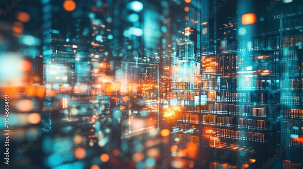 Poster abstract digital library with glowing elements, representing data and technology.