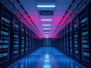 Fototapeta premium Close up of server room with rows of networking equipment, infrastructure, cable management, hardware, technology