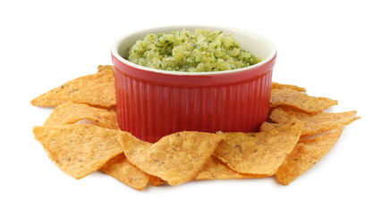 Delicious homemade green salsa with nachos isolated on white