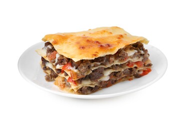 Delicious cooked lasagna isolated on white. Italian cuisine