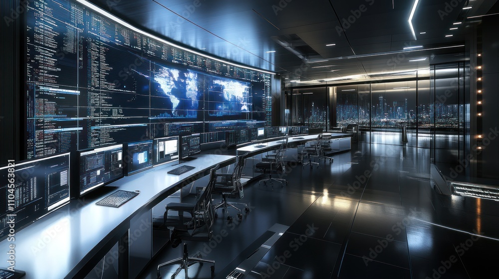 Poster a modern control room with multiple screens displaying data and global maps.