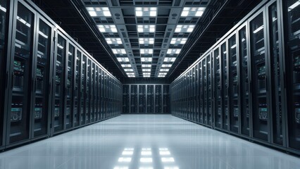 Fototapeta premium Data center server room with rows of racks housing powerful processing units, servers, storage, cyber