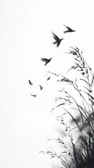 Fototapeta premium A minimalistic black and white artwork featuring birds in flight over delicate grasses, perfect for nature-themed projects, calming backgrounds, or artistic prints, It evokes freedom and serenity,