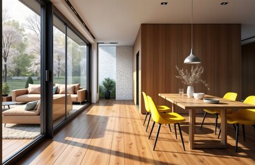 Modern Scandinavian open space with dining and living areas. Design sofa and family table. Big windows. Wooden flooring. Sunny day. Calm atmosphere. Spring trees outside. Relaxing space. Home design.