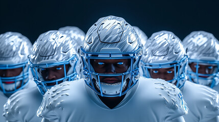 Team of football players in coordinated blue uniforms showcasing intensity and focus during a pre-game warm-up