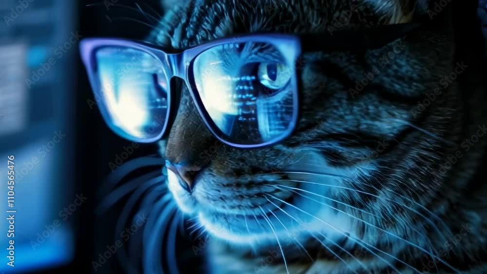 Poster cat works at computer like hacker in dark room, cyber data reflected in glasses. concept of technolo