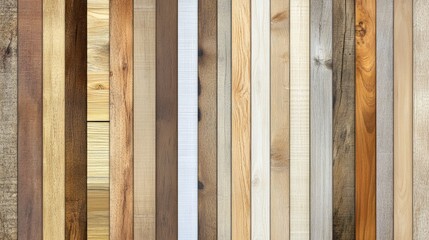 Diverse wood samples arranged vertically showcasing various colors, grains, and textures.