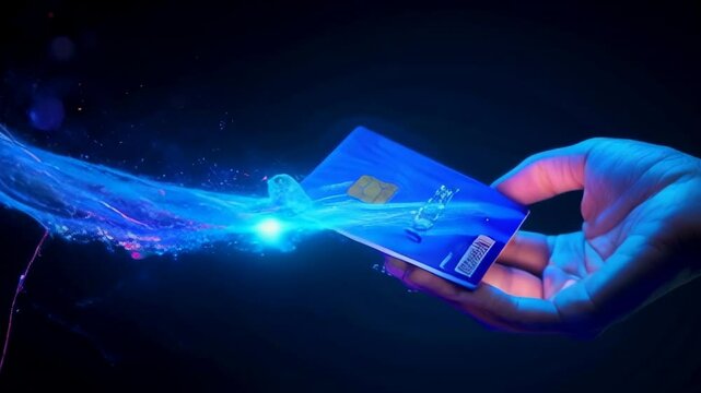 Credit card connected to pos terminal, futuristic view of hand and digital contactless payment. Concept of data, tech, bank, online, pay, technology. 