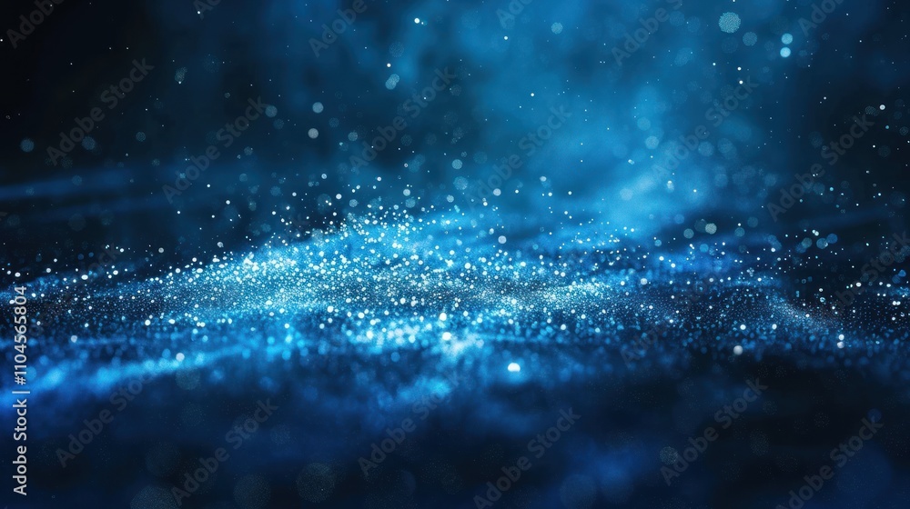 Poster a mesmerizing blue abstract background with shimmering particles and ethereal light.