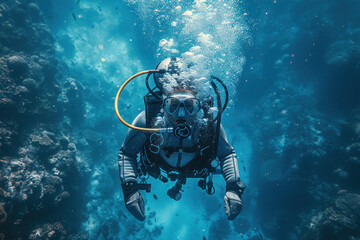Scuba diver in the underwater world of a coral reef surrounded by the deep blue sea.,. 