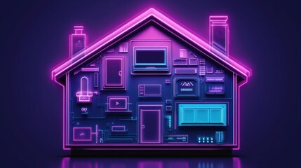 Neon Home Concept with Futuristic Technology Setup, Showcasing Smart Devices and Digital Interfaces Integrated into a Modern Architecture Design