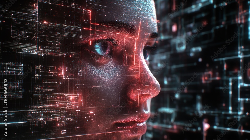 Poster a digital portrait blending human features with abstract data patterns.