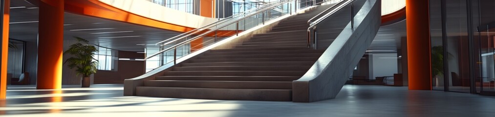Fototapeta premium Modern staircase in a spacious, well-lit interior with large windows and plants.