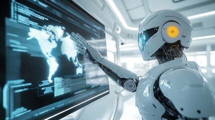 Futuristic humanoid robot interacting with a digital screen displaying world map and data analytics in a sleek, modern control room environment