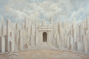 Fototapeta premium A striking image of a ruined architectural structure surrounded by fragmented columns, evoking themes of decay and mystery