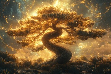 A majestic, twisting tree illuminated against a cosmic backdrop creates a stunning visual, Ideal for themes of nature, spirituality, or fantasy in designs, blogs, and presentations,