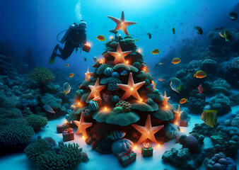 Underwater Christmas: A Christmas tree in the coral reefs