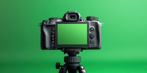 A DSLR camera mounted on a tripod against a vibrant green background, ideal for showcasing photography equipment, tutorials, or advertising creative services