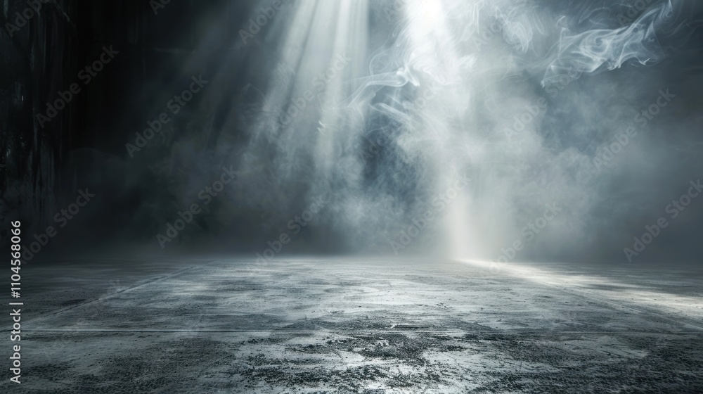 Poster a dimly lit space with fog and light beams creating a mysterious atmosphere.