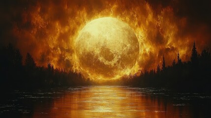 A dramatic landscape featuring a large, fiery moon rising above a serene lake, surrounded by dark silhouettes of trees, This captivating image can be used for themes related to nature, fantasy