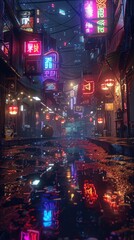 Naklejka premium A vibrant, neon-lit alleyway reflecting rain, showcasing urban nightlife and culture.