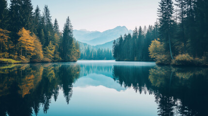 Fototapeta premium Peaceful lake surrounded by towering trees and majestic mountains showcases the beauty of nature. The early morning light casts a soft glow on the water, enhancing the serene atmosphere