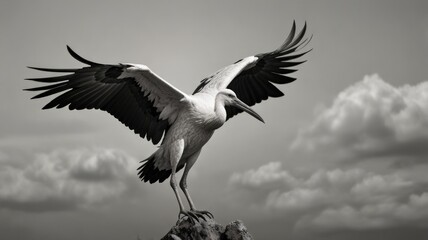 Obraz premium Majestic stork with wings spread wide, perched on a weathered stump against a cloudy sky.