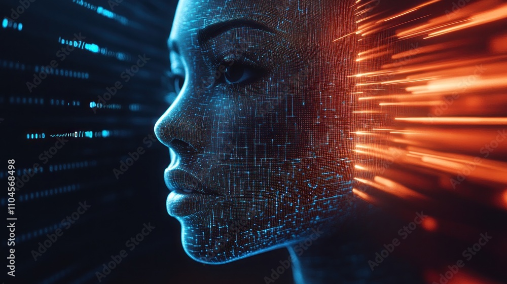Aufkleber a digital representation of a human face with glowing data patterns, symbolizing technology and ai.